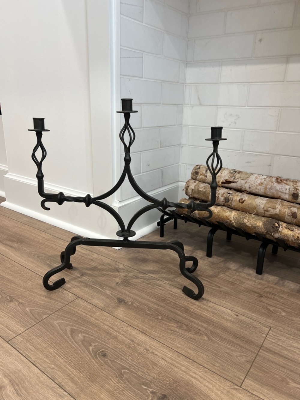 Antique Black Wrought Iron Triple Candle Holder